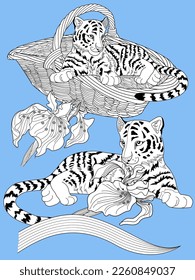 Antistress drawing for coloring. Basketof flowers and a tiger cub. Coloring Book for adults and children. Cute  background for wallpaper, gift paper, pattern fills, textile, greetings cards 
