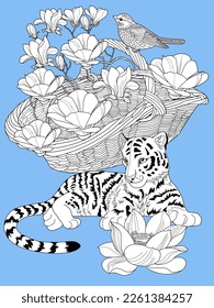 Antistress drawing for coloring. Basketof flowers and a tiger cub. Coloring Book for adults and children. Cute  background for wallpaper, gift paper, pattern fills, textile, greetings cards 
