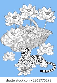 Antistress drawing for coloring. Basketof flowers and a tiger cub. Coloring Book for adults and children. Cute  background for wallpaper, gift paper, pattern fills, textile, greetings cards 
