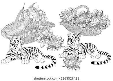 Antistress drawing for coloring. Basketof flowers and a tiger cub. Coloring Book for adults and children. Cute  background for wallpaper, gift paper, pattern fills, textile, greetings cards 
