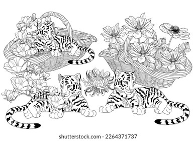 Antistress drawing for coloring. Basketof flowers and a tiger cub. Coloring Book for adults and children. Cute  background for wallpaper, gift paper, pattern fills, textile, greetings cards 
