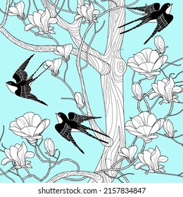 Antistress drawing for coloring. Blooming magnolia tree and swallows.  Romantic concept.
