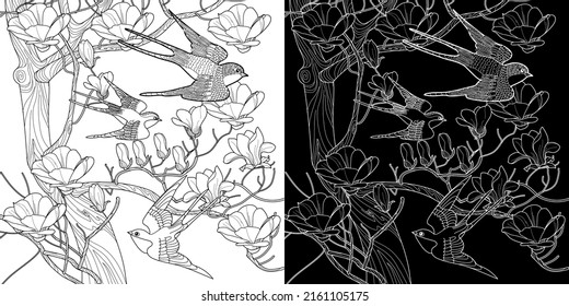 Antistress drawing for coloring. Blooming magnolia tree and swallows. Romantic concept.