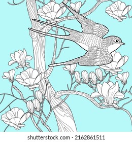 Antistress drawing for coloring. Blooming magnolia tree and swallows. Romantic concept.
