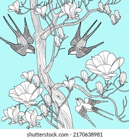Antistress drawing for coloring. Blooming magnolia tree and swallows. Romantic concept.
