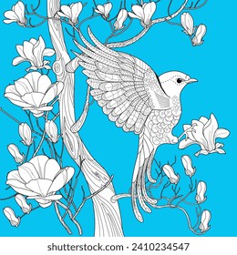 Antistress drawing for coloring. Coloring Book for adults and children.  Blooming magnolia tree and birds. Romantic concept.
