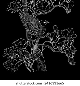 Antistress drawing for coloring. Coloring Book for adults and children.  Blooming magnolia tree and birds. Romantic concept.
