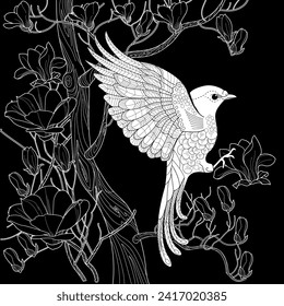 Antistress drawing for coloring. Coloring Book for adults and children.  Blooming magnolia tree and birds. Romantic concept.
