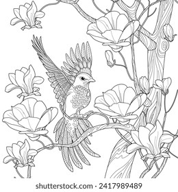 Antistress drawing for coloring. Coloring Book for adults and children.  Blooming magnolia tree and birds. Romantic concept.
