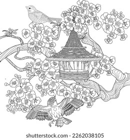 Antistress drawing for coloring. Colouring pictures with Birdhouse, Flowers and Birds. Cute  background for wallpaper, gift paper, pattern fills, textile, greetings cards
