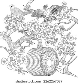 Antistress drawing for coloring. Colouring pictures with Birdhouse, Flowers and Birds. Cute  background for wallpaper, gift paper, pattern fills, textile, greetings cards