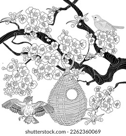 Antistress drawing for coloring. Colouring pictures with Birdhouse, Flowers and Birds. Cute  background for wallpaper, gift paper, pattern fills, textile, greetings cards