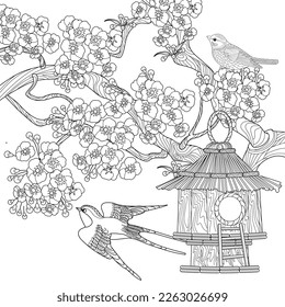 Antistress drawing for coloring. Colouring pictures with Birdhouse, Flowers and Birds. Cute  background for wallpaper, gift paper, pattern fills, textile, greetings cards
