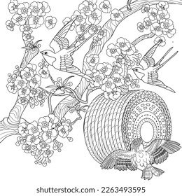 Antistress drawing for coloring. Colouring pictures with Birdhouse, Flowers and Birds. Cute  background for wallpaper, gift paper, pattern fills, textile, greetings cards
