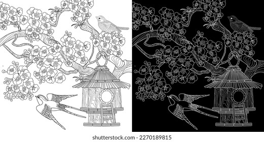 Antistress drawing for coloring. Colouring pictures with Birdhouse, Flowers and Birds. Cute  background for wallpaper, gift paper, pattern fills, textile, greetings cards
