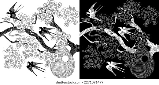 Antistress drawing for coloring. Colouring pictures with Birdhouse, Flowers and Birds. Cute  background for wallpaper, gift paper, pattern fills, textile, greetings cards
