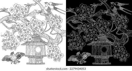 Antistress drawing for coloring. Colouring pictures with Birdhouse, Flowers and Birds. Cute  background for wallpaper, gift paper, pattern fills, textile, greetings cards
