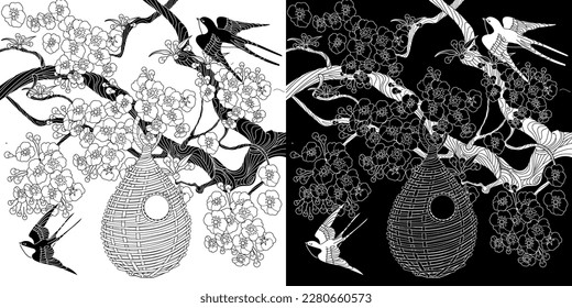 Antistress drawing for coloring. Colouring pictures with Birdhouse, Flowers and Birds. Cute  background for wallpaper, gift paper, pattern fills, textile, greetings cards
