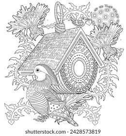 Antistress drawing for coloring. Colouring pictures with Birdhouse, Flowers and Birds. Cute  background for wallpaper, gift paper, pattern fills, textile, greetings cards
