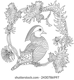 Antistress drawing for coloring. Colouring pictures with Birdhouse, Flowers and Birds. Cute  background for wallpaper, gift paper, pattern fills, textile, greetings cards
