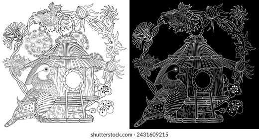 Antistress drawing for coloring. Colouring pictures with Birdhouse, Flowers and Birds. Cute  background for wallpaper, gift paper, pattern fills, textile, greetings cards
