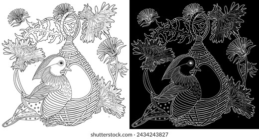 Antistress drawing for coloring. Colouring pictures with Birdhouse, Flowers and Birds. Cute  background for wallpaper, gift paper, pattern fills, textile, greetings cards
