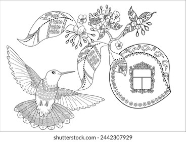 Antistress drawing for coloring. Colouring pictures with Birdhouse, Flowers and Birds. Cute  background for wallpaper, gift paper, pattern fills, textile, greetings cards
