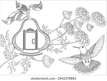 Antistress drawing for coloring. Colouring pictures with Birdhouse, Flowers and Birds. Cute  background for wallpaper, gift paper, pattern fills, textile, greetings cards
