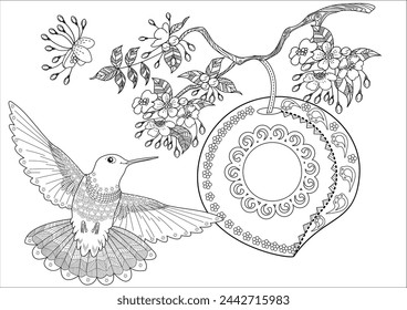 Antistress drawing for coloring. Colouring pictures with Birdhouse, Flowers and Birds. Cute  background for wallpaper, gift paper, pattern fills, textile, greetings cards
