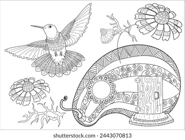 Antistress drawing for coloring. Colouring pictures with Birdhouse, Flowers and Birds. Cute  background for wallpaper, gift paper, pattern fills, textile, greetings cards
