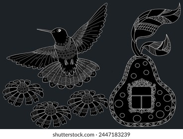 Antistress drawing for coloring. Colouring pictures with Birdhouse, Flowers and Birds. Cute  background for wallpaper, gift paper, pattern fills, textile, greetings cards
