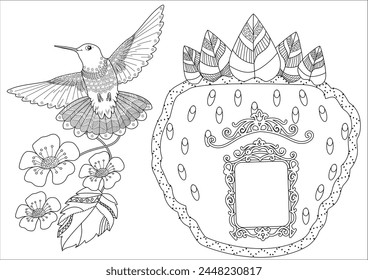 Antistress drawing for coloring. Colouring pictures with Birdhouse, Flowers and Birds. Cute  background for wallpaper, gift paper, pattern fills, textile, greetings cards
