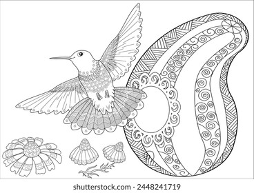 Antistress drawing for coloring. Colouring pictures with Birdhouse, Flowers and Birds. Cute  background for wallpaper, gift paper, pattern fills, textile, greetings cards
