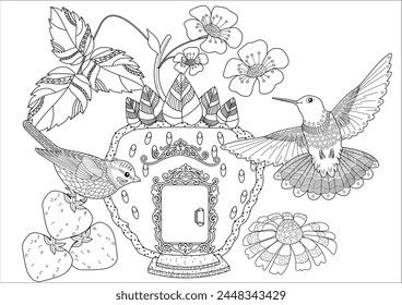 Antistress drawing for coloring. Colouring pictures with Birdhouse, Flowers and Birds. Cute  background for wallpaper, gift paper, pattern fills, textile, greetings cards
