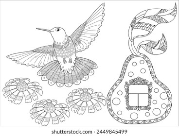 Antistress drawing for coloring. Colouring pictures with Birdhouse, Flowers and Birds. Cute  background for wallpaper, gift paper, pattern fills, textile, greetings cards
