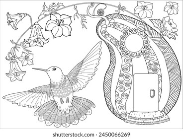 Antistress drawing for coloring. Colouring pictures with Birdhouse, Flowers and Birds. Cute  background for wallpaper, gift paper, pattern fills, textile, greetings cards
