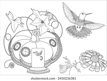 Antistress drawing for coloring. Colouring pictures with Birdhouse, Flowers and Birds. Cute  background for wallpaper, gift paper, pattern fills, textile, greetings cards
