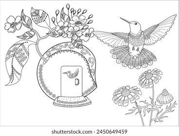 Antistress drawing for coloring. Colouring pictures with Birdhouse, Flowers and Birds. Cute  background for wallpaper, gift paper, pattern fills, textile, greetings cards
