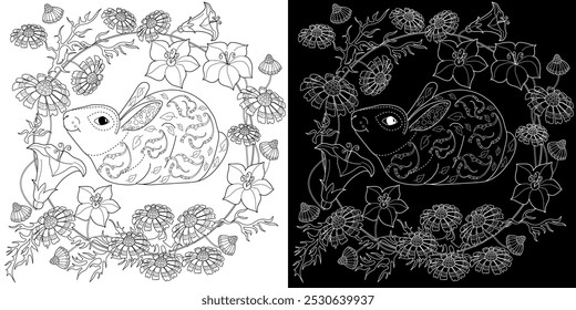 Antistress drawing for coloring. Colouring pictures with Rabbit and Flowers.  Ideal for those who want to feel more connected to nature.