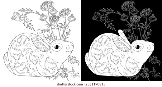 Antistress drawing for coloring. Colouring pictures with Rabbit and Flowers.  Ideal for those who want to feel more connected to nature.