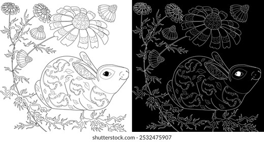 Antistress drawing for coloring. Colouring pictures with Rabbit and Flowers.  Ideal for those who want to feel more connected to nature.