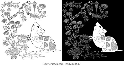 Dibujo antiestrés para colorear. Dibujos para colorear con hámster y flores.  Ideal para aquellos que quieren sentirse más conectados con la naturaleza.
