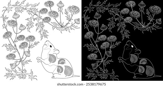 Dibujo antiestrés para colorear. Dibujos para colorear con hámster y flores.  Ideal para aquellos que quieren sentirse más conectados con la naturaleza.
