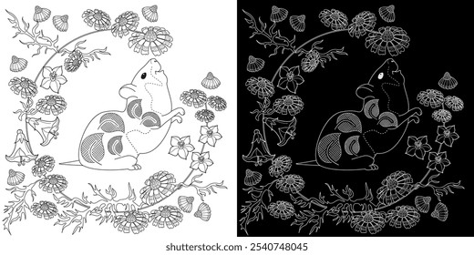 Antistress drawing for coloring. Colouring pictures with Hamster and Flowers.  Ideal for those who want to feel more connected to nature.
