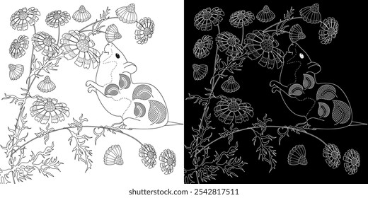 Dibujo antiestrés para colorear. Dibujos para colorear con hámster y flores.  Ideal para aquellos que quieren sentirse más conectados con la naturaleza.
