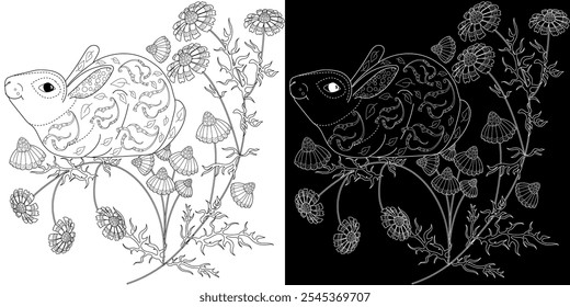 Dibujo antiestrés para colorear. Dibujos para colorear con conejo y flores.  Ideal para aquellos que quieren sentirse más conectados con la naturaleza.