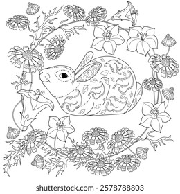 Antistress drawing for coloring. Colouring pictures with Rabbit and Flowers.  Ideal for those who want to feel more connected to nature.
