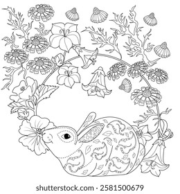 Antistress drawing for coloring. Colouring pictures with Rabbit and Flowers.  Ideal for those who want to feel more connected to nature.
