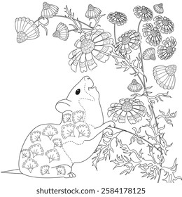 Antistress drawing for coloring. Colouring pictures with Hamster and Flowers.  Ideal for those who want to feel more connected to nature.
