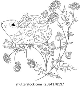 Antistress drawing for coloring. Colouring pictures with Rabbit and Flowers.  Ideal for those who want to feel more connected to nature.
